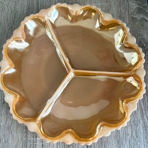 Vintage Marigold Carnival Glass Divided Relish Platter 10” Iridescent Peach